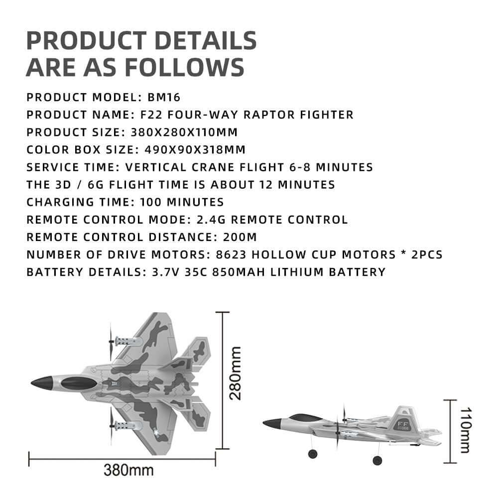 Fixed Wing 2.4G 4 Channel Kid Boy Gift BM16 for F22 Raptor RC Glider Plane Toy EPP Foam Remote Control Airplane - www.Shopthatapp.com