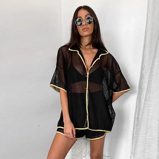 See-through Cardigan Pajamas Two-piece Set For Women - www.Shopthatapp.com #