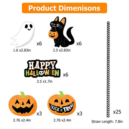 Set Of 25Pcs Halloween Party Striped Decorative Straws Disposable Drinking Straws Paper Straw Decor Happy Halloween Ghost Lantern Black Cat Halloween Party Supplies - www.Shopthatapp.com #