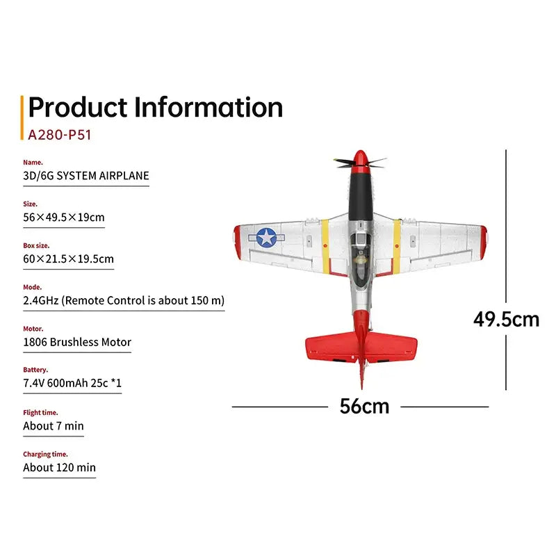 Wltoys XK A280 RC Plane P51D, 3D/6G LED, 2.4GHz, Brushless Motor, 560mm Wing - www.Shopthatapp.com