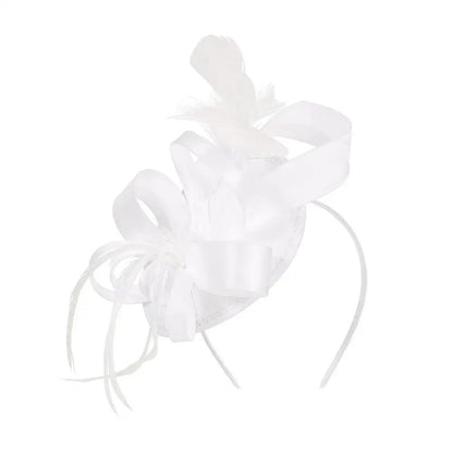 New in Hair Hoop Fascinator Hat with Hair Clip Elastic Band Faux Feather Ribbon Decor Satin Fabric Women Headband Accessories - www.Shopthatapp.com