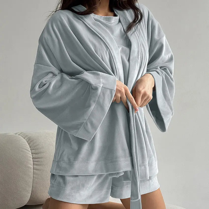 Short-sleeved Shorts Outerwear Gown Three-piece Pajamas For Women - www.Shopthatapp.com