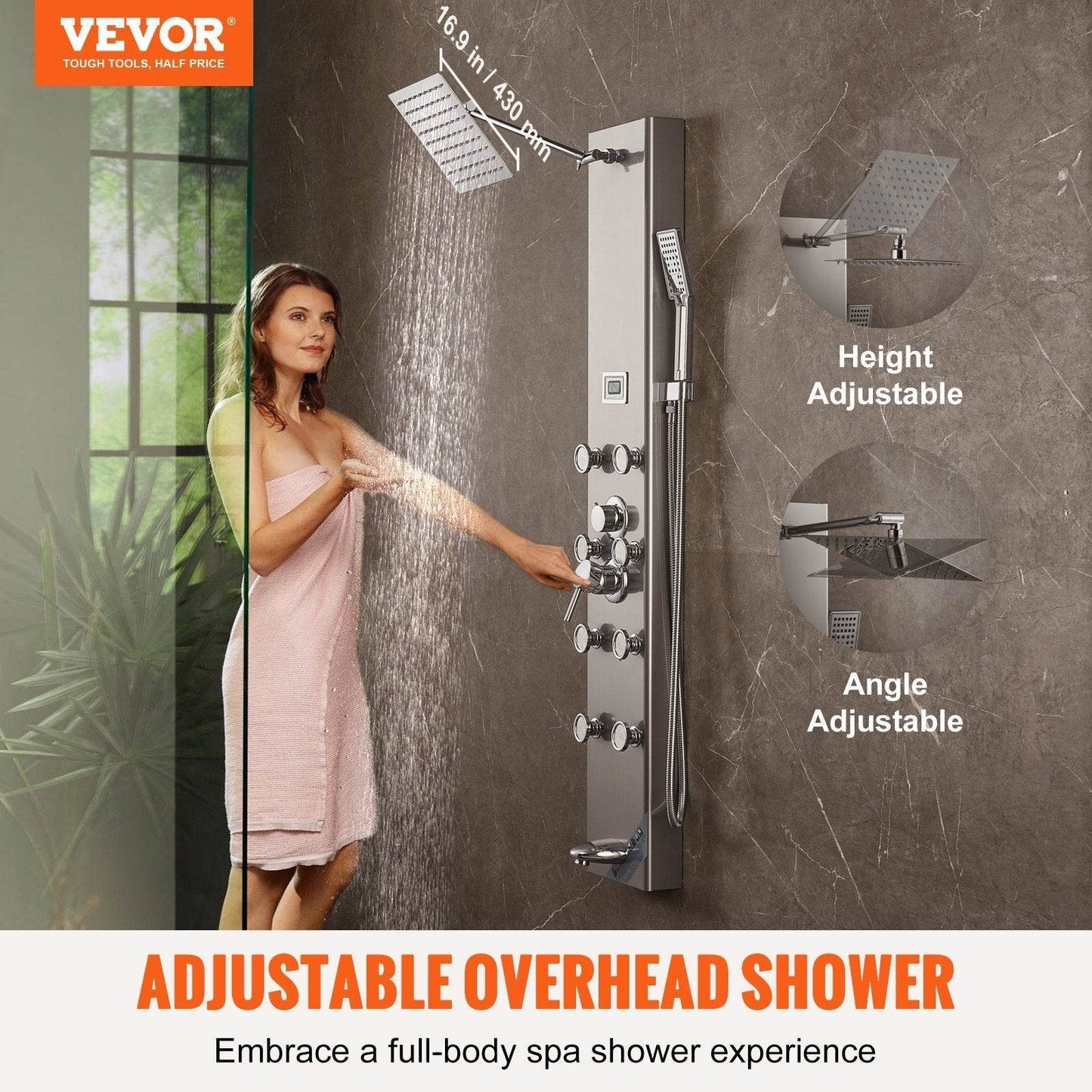 Shower Panel System, 5 Shower Modes, Digital Display Shower Panel Tower, Rainfall, 8 Massage Jets, Tub Spout, 3-Setting Handheld Shower Head 59 Hose, Stainless Steel Wall-Mounted Shower Set - www.Shopthatapp.com #