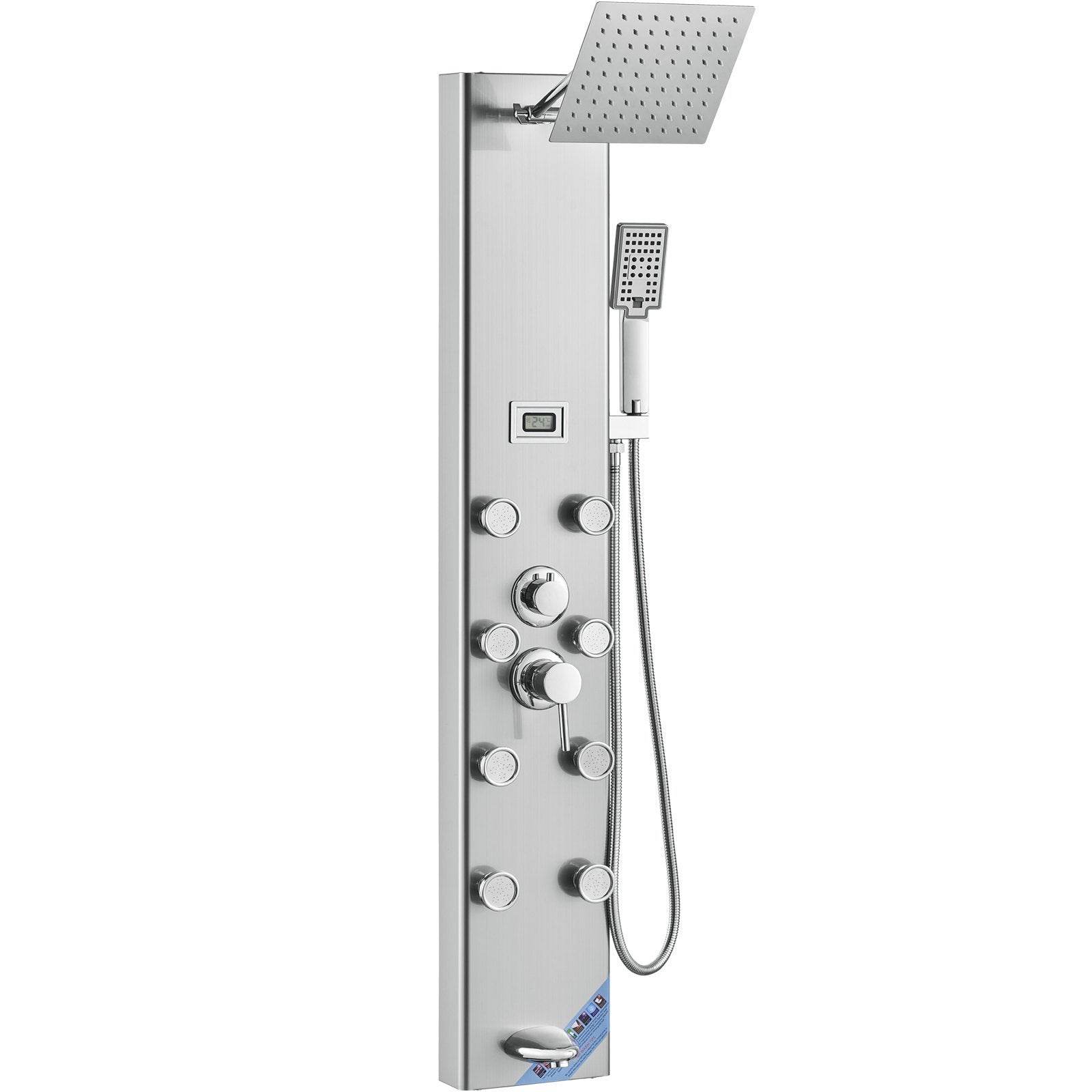 Shower Panel System, 5 Shower Modes, Digital Display Shower Panel Tower, Rainfall, 8 Massage Jets, Tub Spout, 3-Setting Handheld Shower Head 59 Hose, Stainless Steel Wall-Mounted Shower Set - www.Shopthatapp.com #