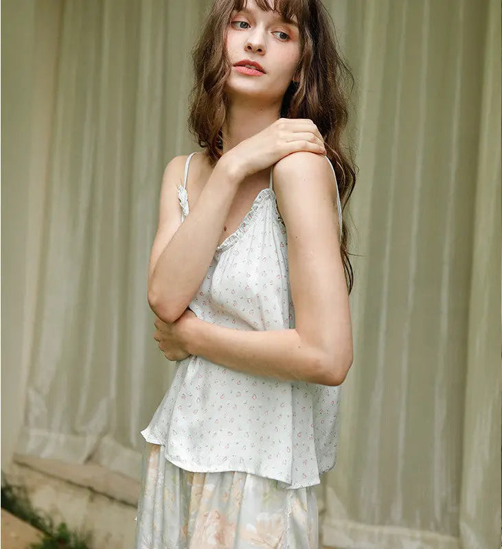 Small Green Flower Bud Sling Short Sleeve Suit Pajamas For Women - www.Shopthatapp.com