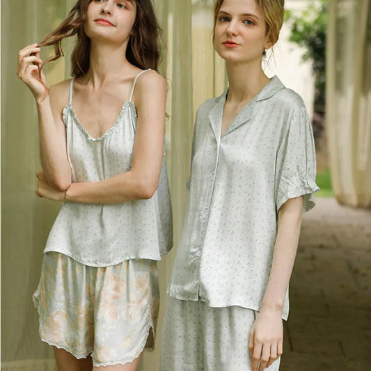 Small Green Flower Bud Sling Short Sleeve Suit Pajamas For Women - www.Shopthatapp.com #