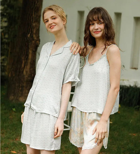 Small Green Flower Bud Sling Short Sleeve Suit Pajamas For Women - www.Shopthatapp.com #