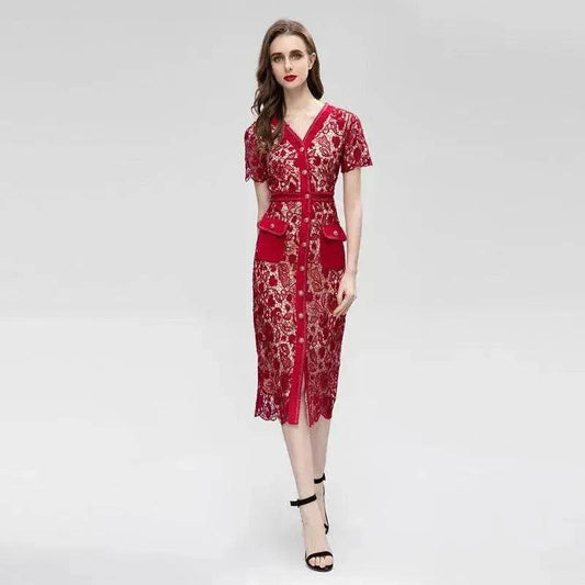 Small V-neck Metal Single-breasted Water Soluble Slim Fit Dress - www.Shopthatapp.com #