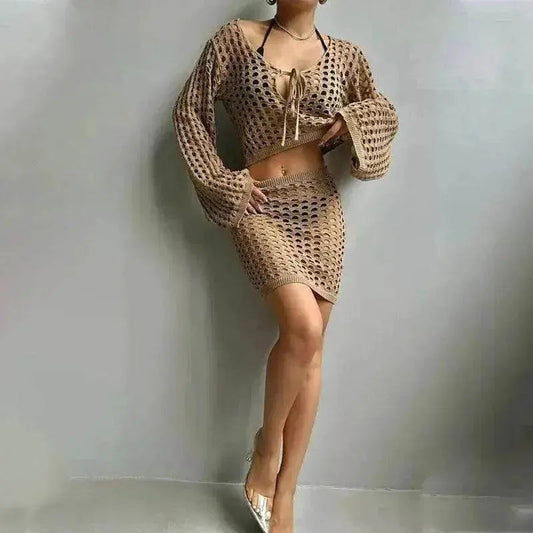 Solid Color Knitted Stand-up Collar Bikini Swimsuit Blouse Suit - www.Shopthatapp.com