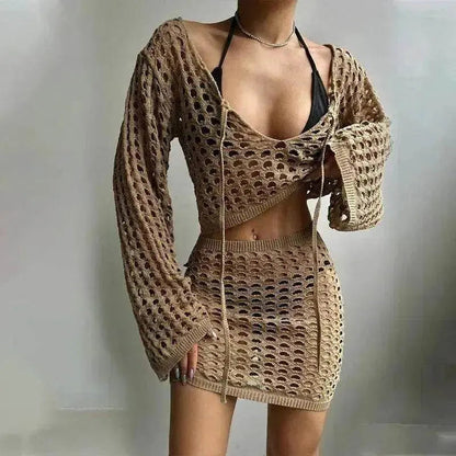 Solid Color Knitted Stand-up Collar Bikini Swimsuit Blouse Suit - www.Shopthatapp.com