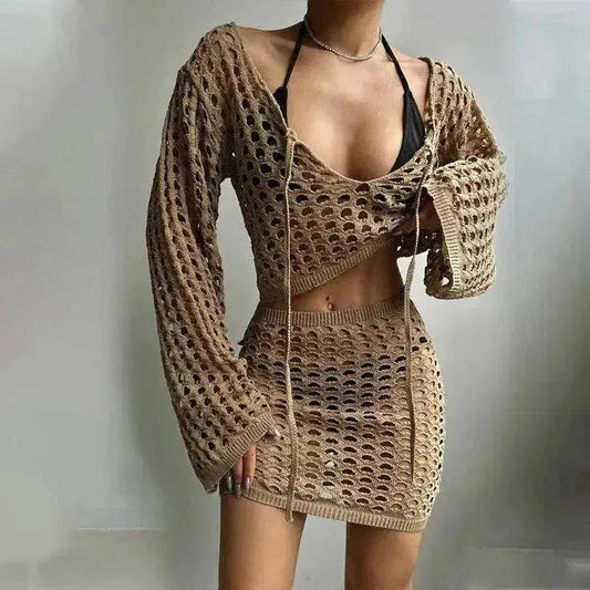 Solid Color Knitted Stand-up Collar Bikini Swimsuit Blouse Suit - www.Shopthatapp.com