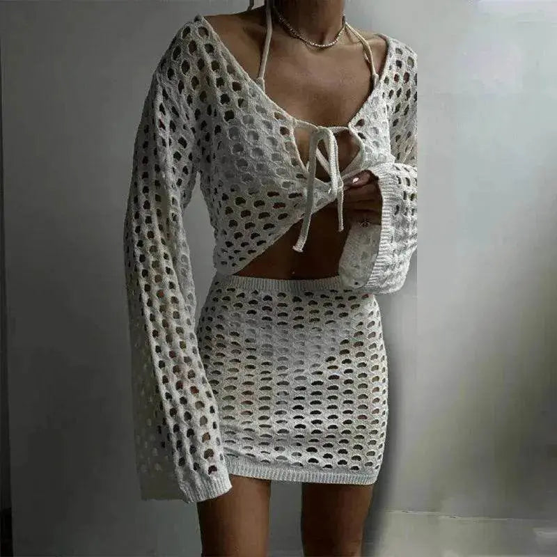 Solid Color Knitted Stand-up Collar Bikini Swimsuit Blouse Suit - www.Shopthatapp.com