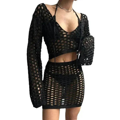 Solid Color Knitted Stand-up Collar Bikini Swimsuit Blouse Suit - www.Shopthatapp.com