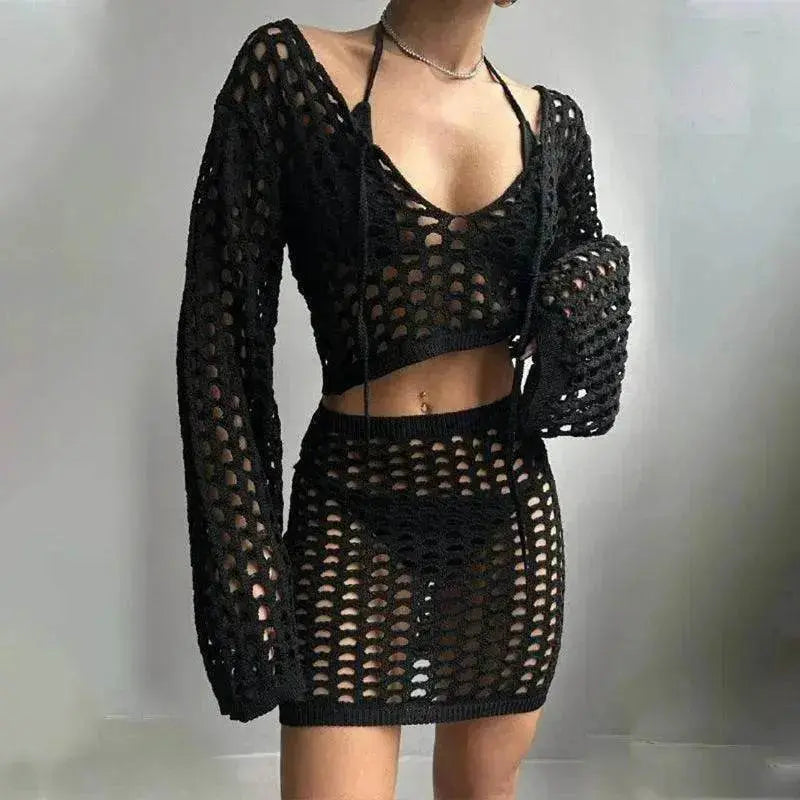Solid Color Knitted Stand-up Collar Bikini Swimsuit Blouse Suit - www.Shopthatapp.com