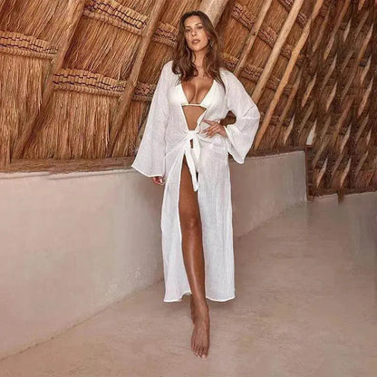 Solid Color Midriff Outfit Beach Bikini Swimsuit Blouse - www.Shopthatapp.com