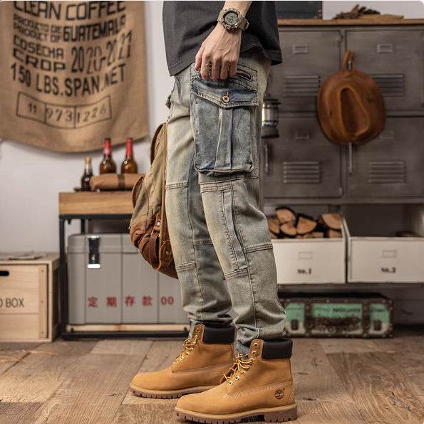 Sprin Autumn Retro Slim Fit Straight Leg Casual Distressed Denim Jeans Cargo Pant Men - www.Shopthatapp.com #