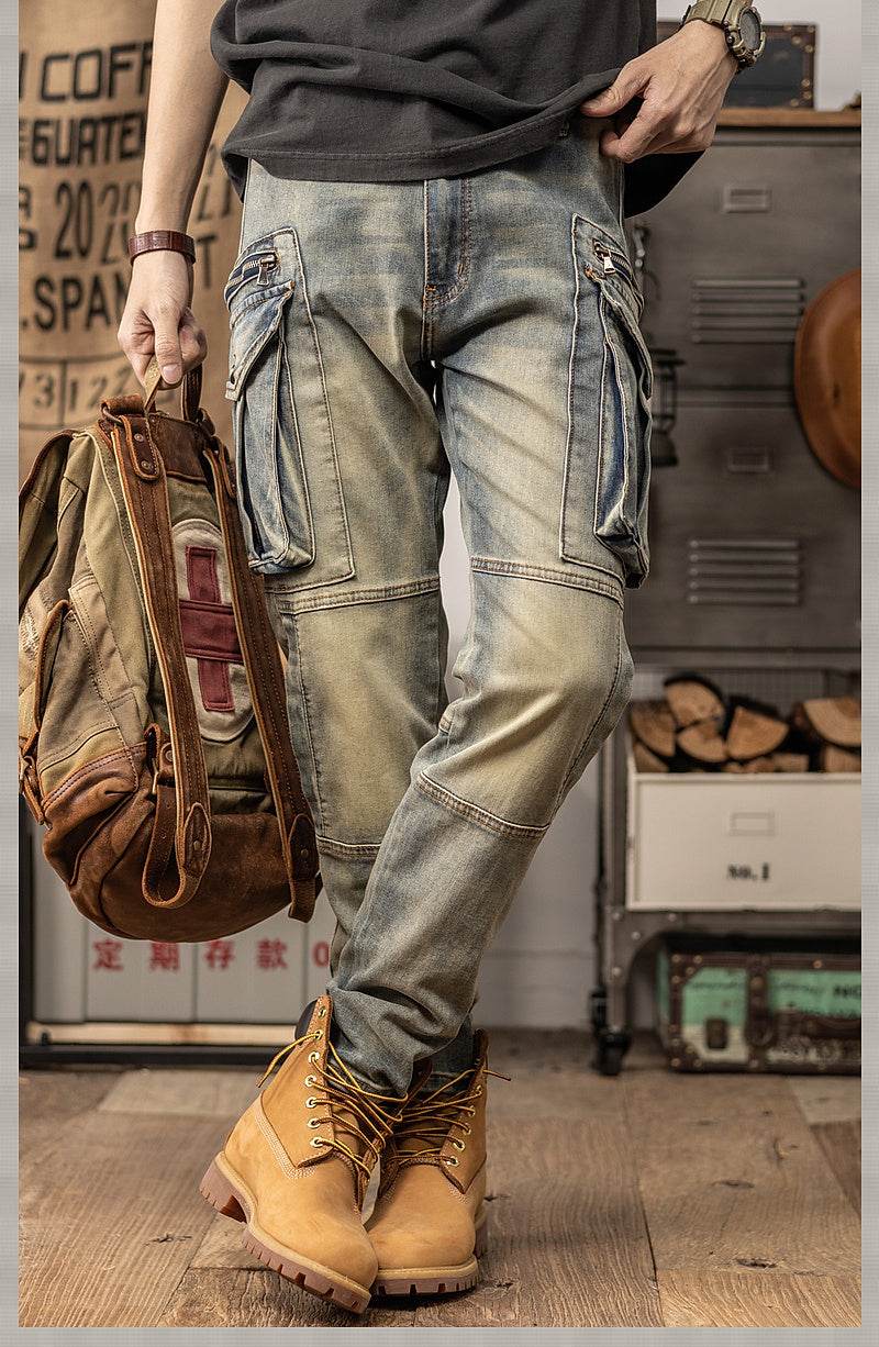 Sprin Autumn Retro Slim Fit Straight Leg Casual Distressed Denim Jeans Cargo Pant Men - www.Shopthatapp.com #