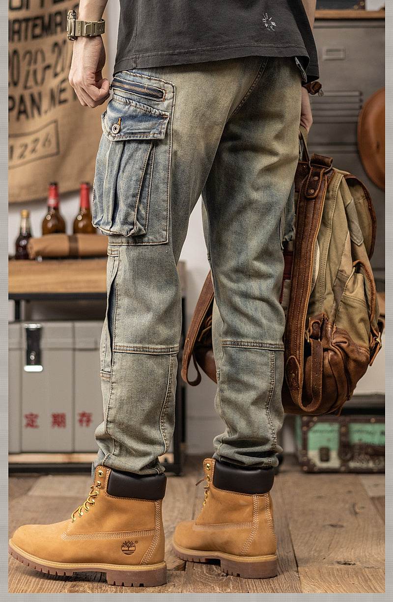Sprin Autumn Retro Slim Fit Straight Leg Casual Distressed Denim Jeans Cargo Pant Men - www.Shopthatapp.com #