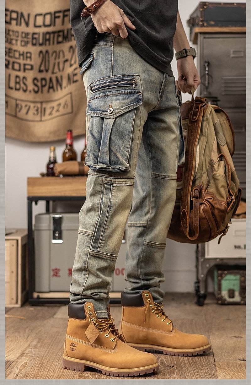 Sprin Autumn Retro Slim Fit Straight Leg Casual Distressed Denim Jeans Cargo Pant Men - www.Shopthatapp.com #