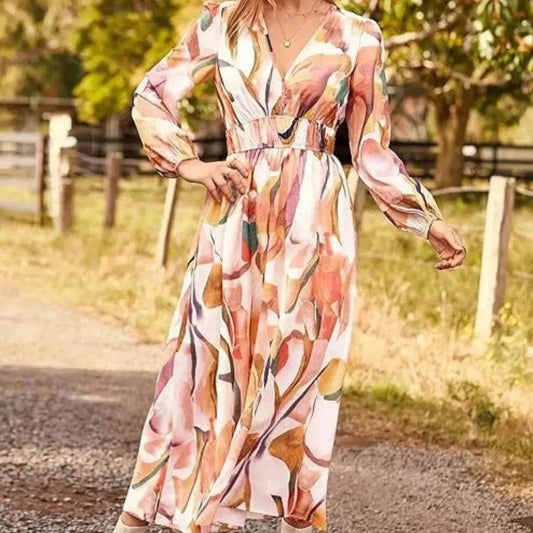 Spring NEW Long Casual Long Sleeve V-neck Printed Beach Long Flowy Dress - www.Shopthatapp.com #