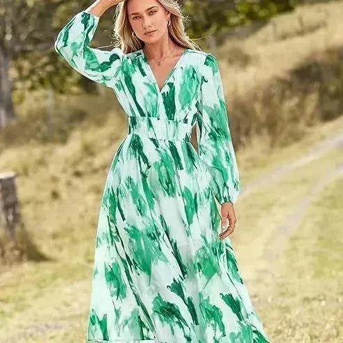 Spring NEW Long Casual Long Sleeve V-neck Printed Beach Long Flowy Dress - www.Shopthatapp.com #