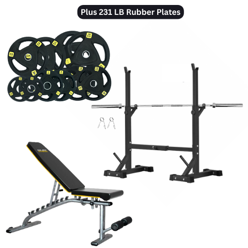 Squat Rack, Bench, Barbell & Weight Plates Stack - www.Shopthatapp.com #