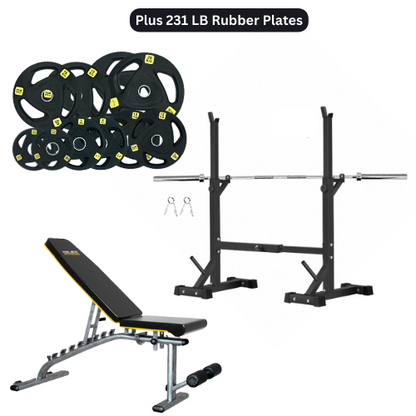 Squat Rack, Bench, Barbell & Weight Plates Stack - www.Shopthatapp.com #