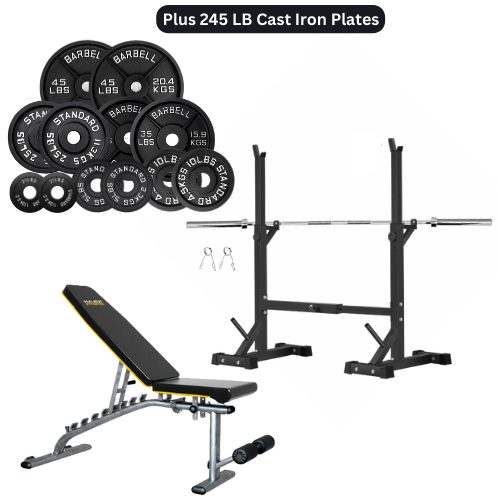 Squat Rack, Bench, Barbell & Weight Plates Stack - www.Shopthatapp.com #
