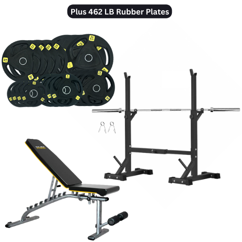 Squat Rack, Bench, Barbell & Weight Plates Stack - www.Shopthatapp.com #