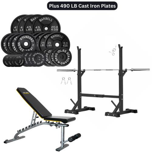 Squat Rack, Bench, Barbell & Weight Plates Stack - www.Shopthatapp.com #