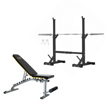 Squat Rack, Bench, Barbell & Weight Plates Stack - www.Shopthatapp.com #