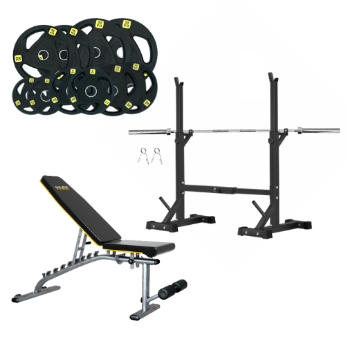 Squat Rack, Bench, Barbell & Weight Plates Stack - www.Shopthatapp.com #