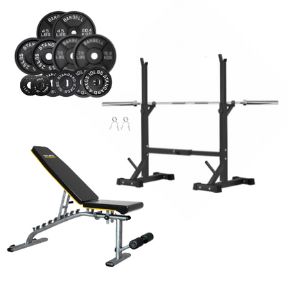 Squat Rack, Bench, Barbell & Weight Plates Stack - www.Shopthatapp.com #