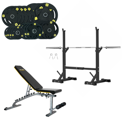 Squat Rack, Bench, Barbell & Weight Plates Stack - www.Shopthatapp.com #