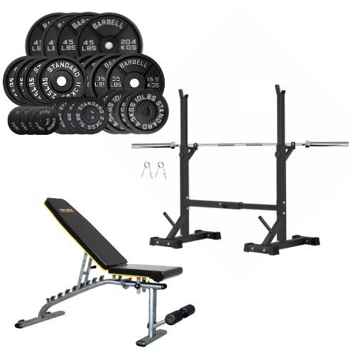 Squat Rack, Bench, Barbell & Weight Plates Stack - www.Shopthatapp.com #