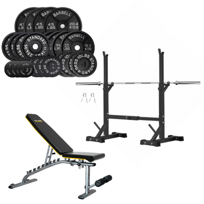 Squat Rack, Bench, Barbell & Weight Plates Stack - www.Shopthatapp.com #