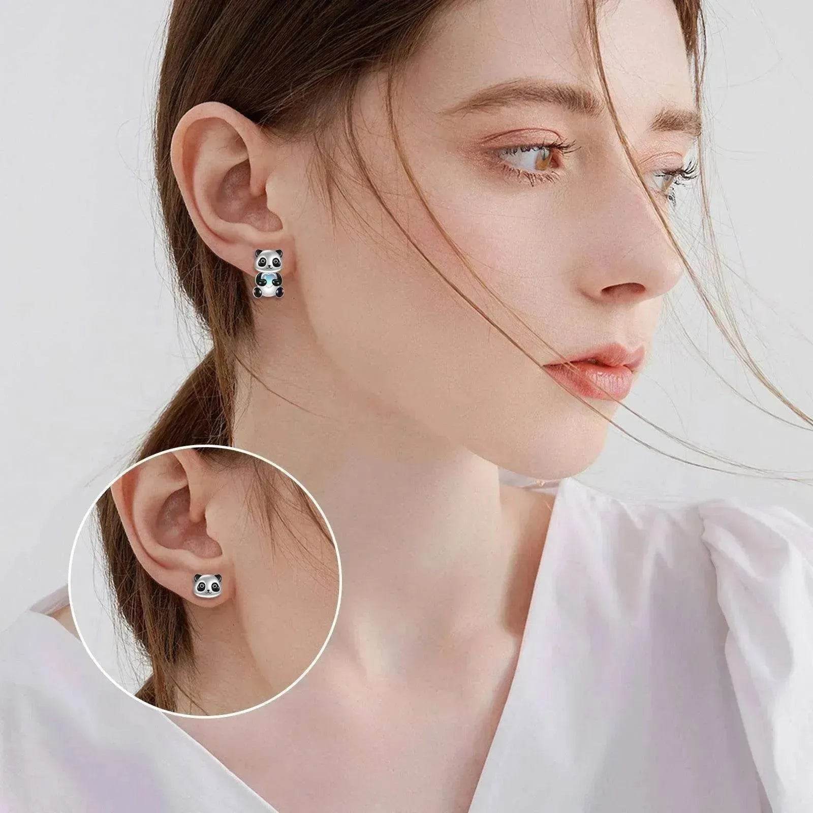 Sterling 925 Silver Panda Stud Ear Jacket Front Back Earrings - www.Shopthatapp.com