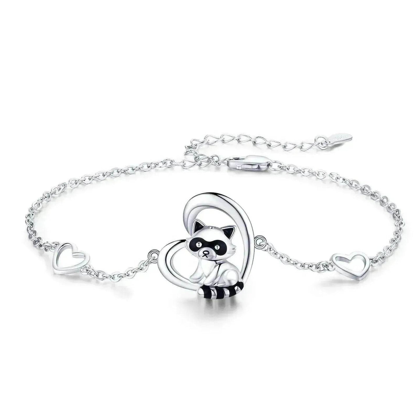 Sterling Silver 925 Heart Shaped Charm Raccoon Bracelet - www.Shopthatapp.com