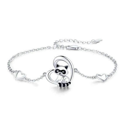 Sterling Silver 925 Heart Shaped Charm Raccoon Bracelet - www.Shopthatapp.com