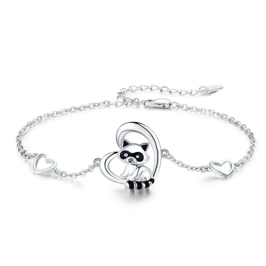 Sterling Silver 925 Heart Shaped Charm Raccoon Bracelet - www.Shopthatapp.com