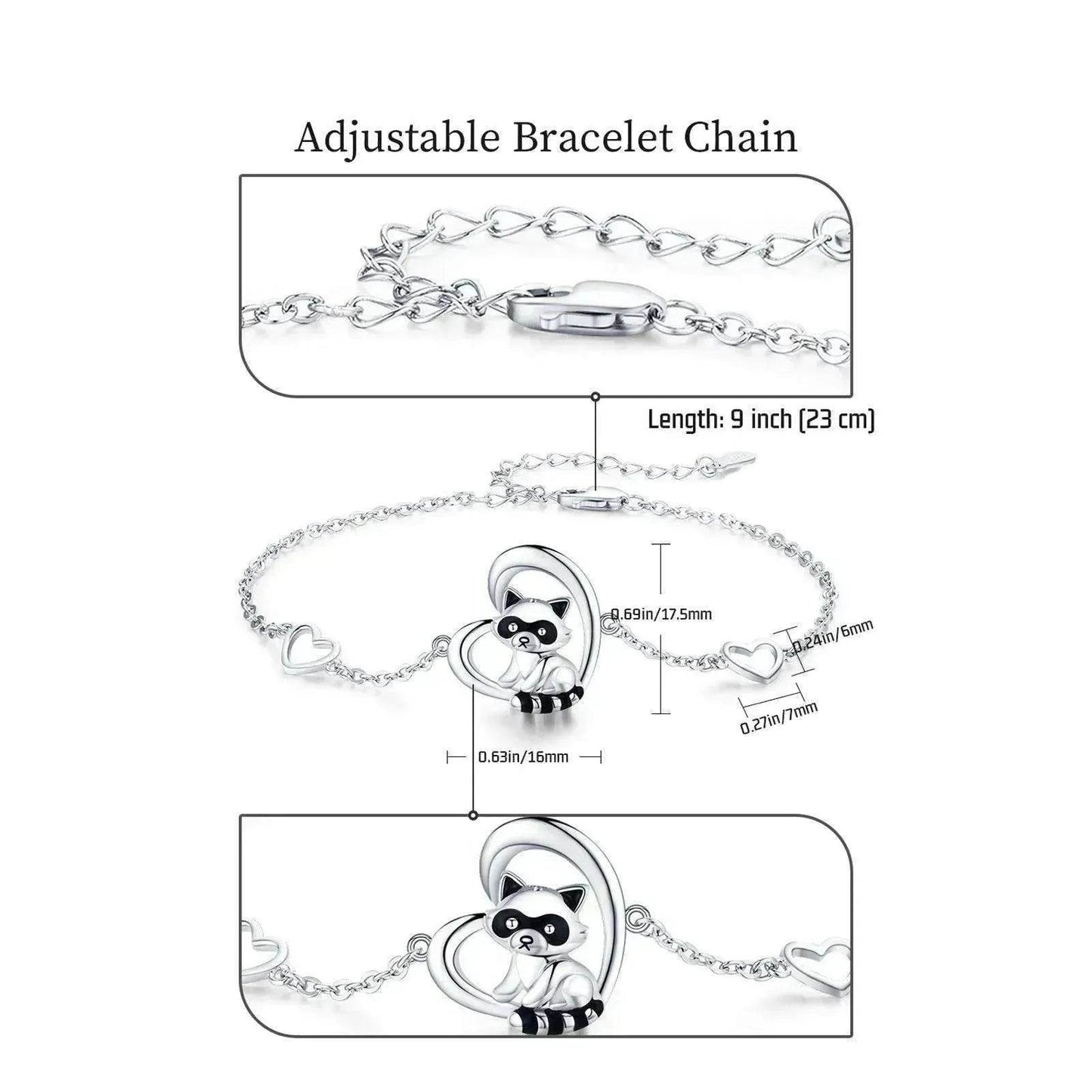 Sterling Silver 925 Heart Shaped Charm Raccoon Bracelet - www.Shopthatapp.com