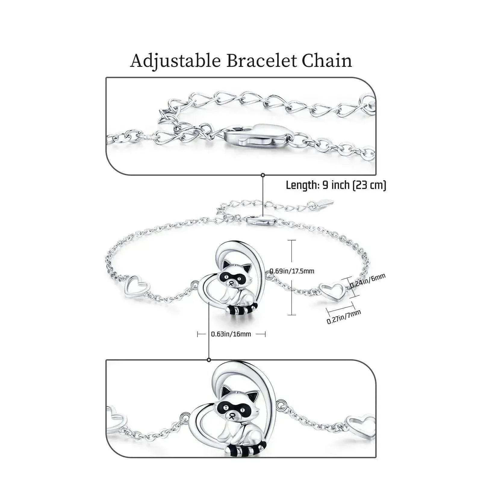Sterling Silver 925 Heart Shaped Charm Raccoon Bracelet - www.Shopthatapp.com