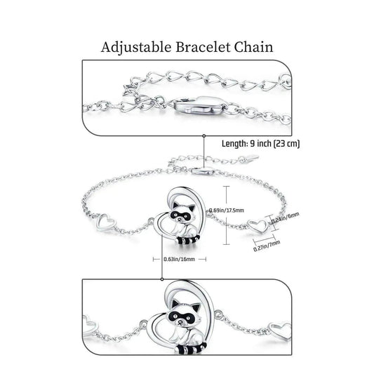 Sterling Silver 925 Heart Shaped Charm Raccoon Bracelet - www.Shopthatapp.com