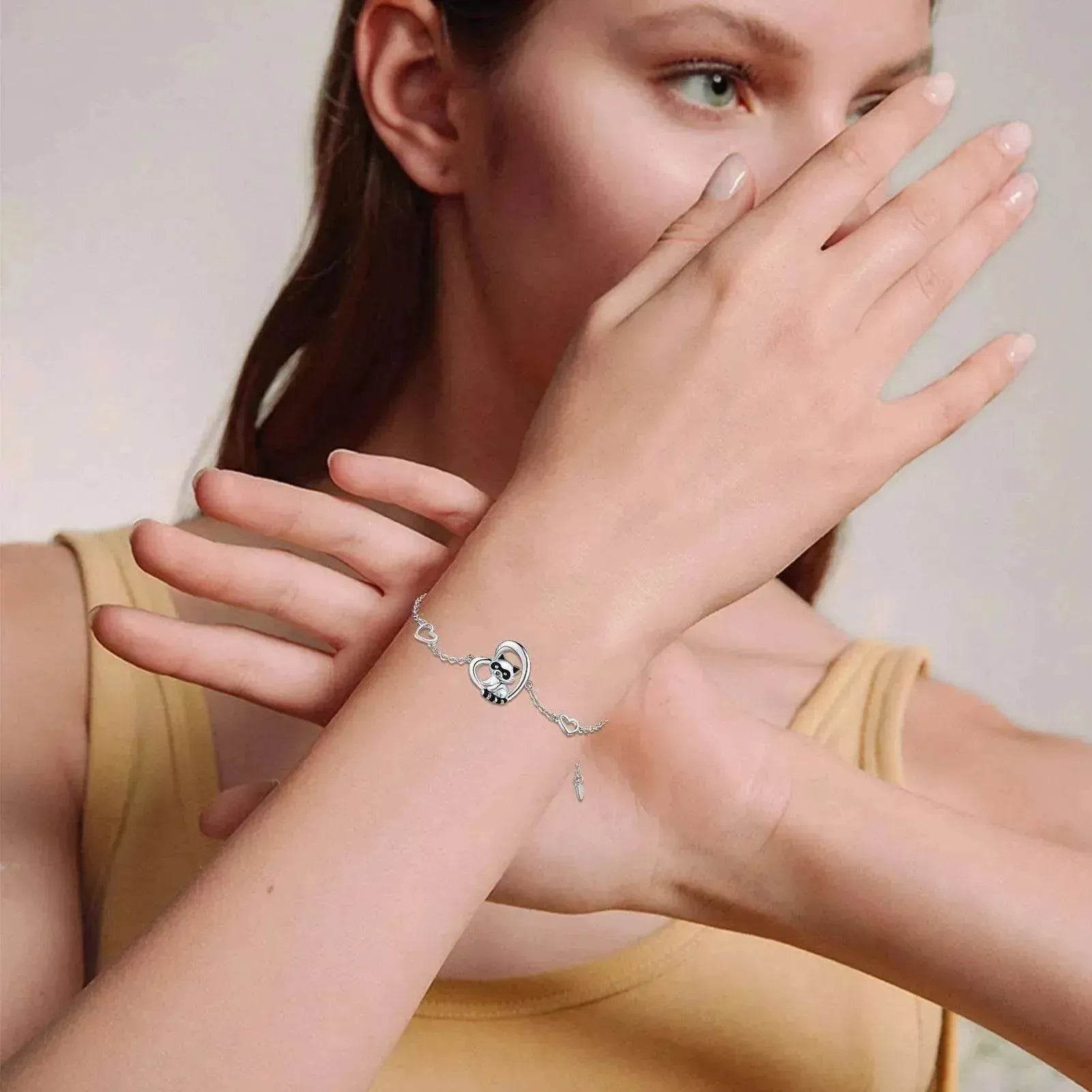 Sterling Silver 925 Heart Shaped Charm Raccoon Bracelet - www.Shopthatapp.com