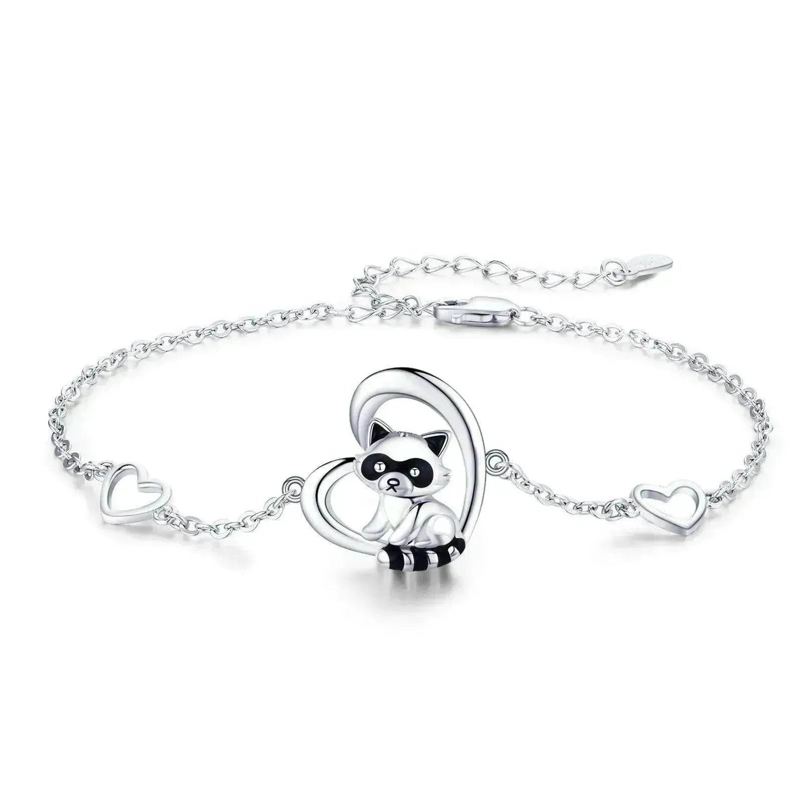 Sterling Silver 925 Heart Shaped Charm Raccoon Bracelet - www.Shopthatapp.com