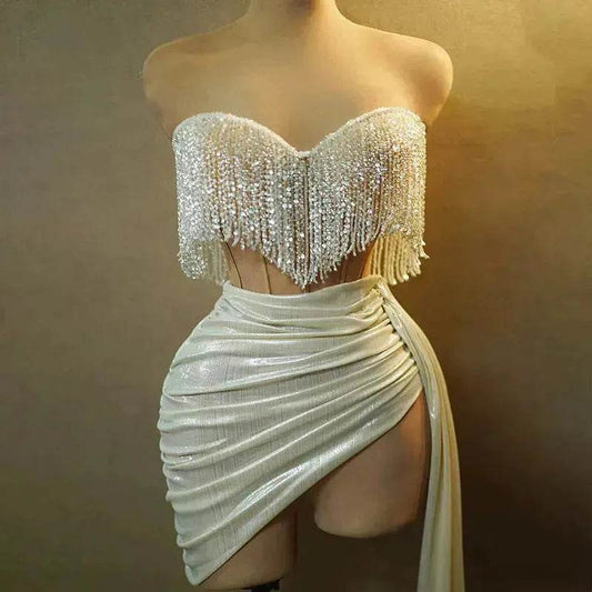 Strapless Tassle  Corset dress Women's Tube Top Rhinestone Chain Skirt Outfit for Evening party Cocktail event - www.Shopthatapp.com #