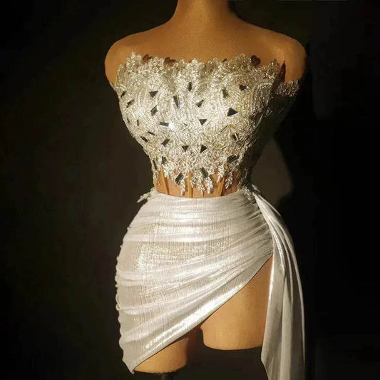 Strapless Tassle  Corset dress Women's Tube Top Rhinestone Chain Skirt Outfit for Evening party Cocktail event - www.Shopthatapp.com #