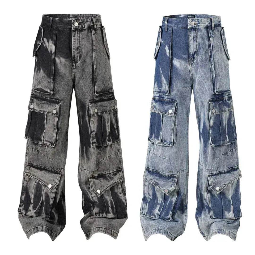 Street Retro Washed Distressed Tie-dye Multi-pocket Denim Trouser Unisex Baggy Cargo Denim Jeans Pants - www.Shopthatapp.com #
