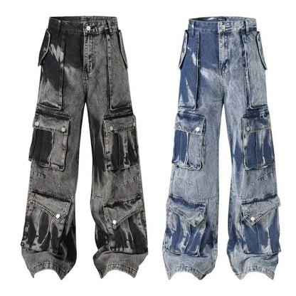 Street Retro Washed Distressed Tie-dye Multi-pocket Denim Trouser Unisex Baggy Cargo Denim Jeans Pants - www.Shopthatapp.com #