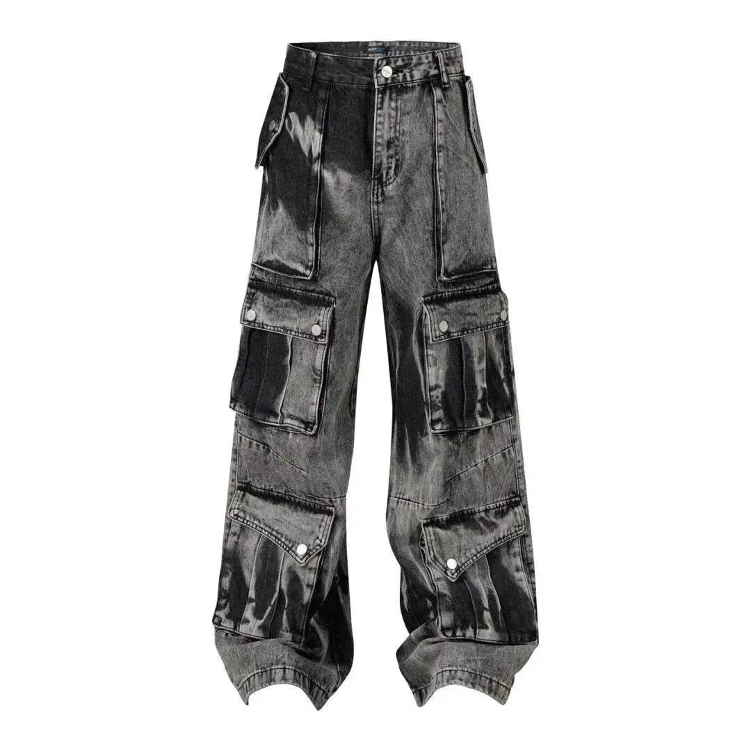 Street Retro Washed Distressed Tie-dye Multi-pocket Denim Trouser Unisex Baggy Cargo Denim Jeans Pants - www.Shopthatapp.com #